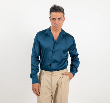 Camicia satin effetto raso con bottoni ricoperti - Ottanio