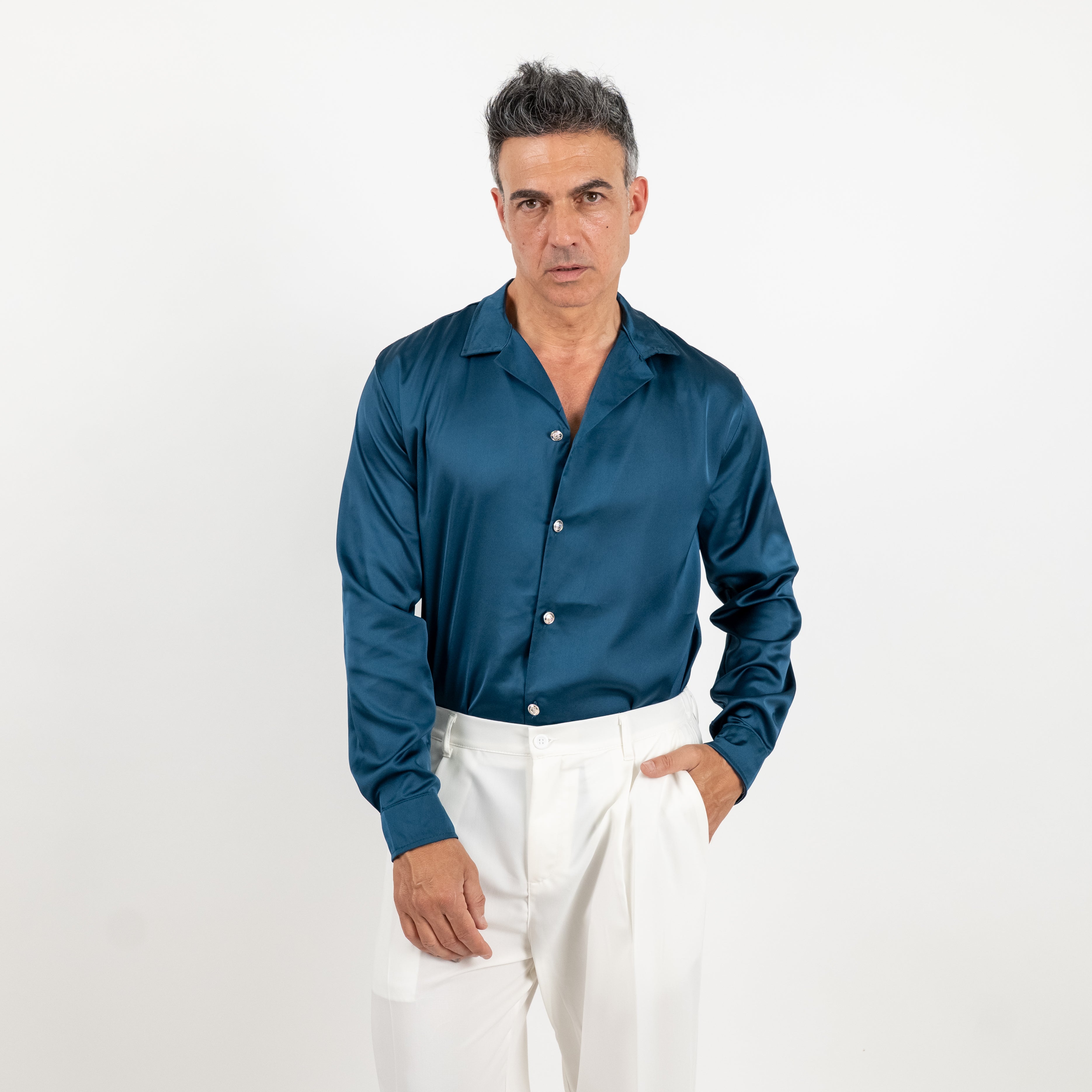Camicia satin effetto raso con bottoni gioiello - Ottanio