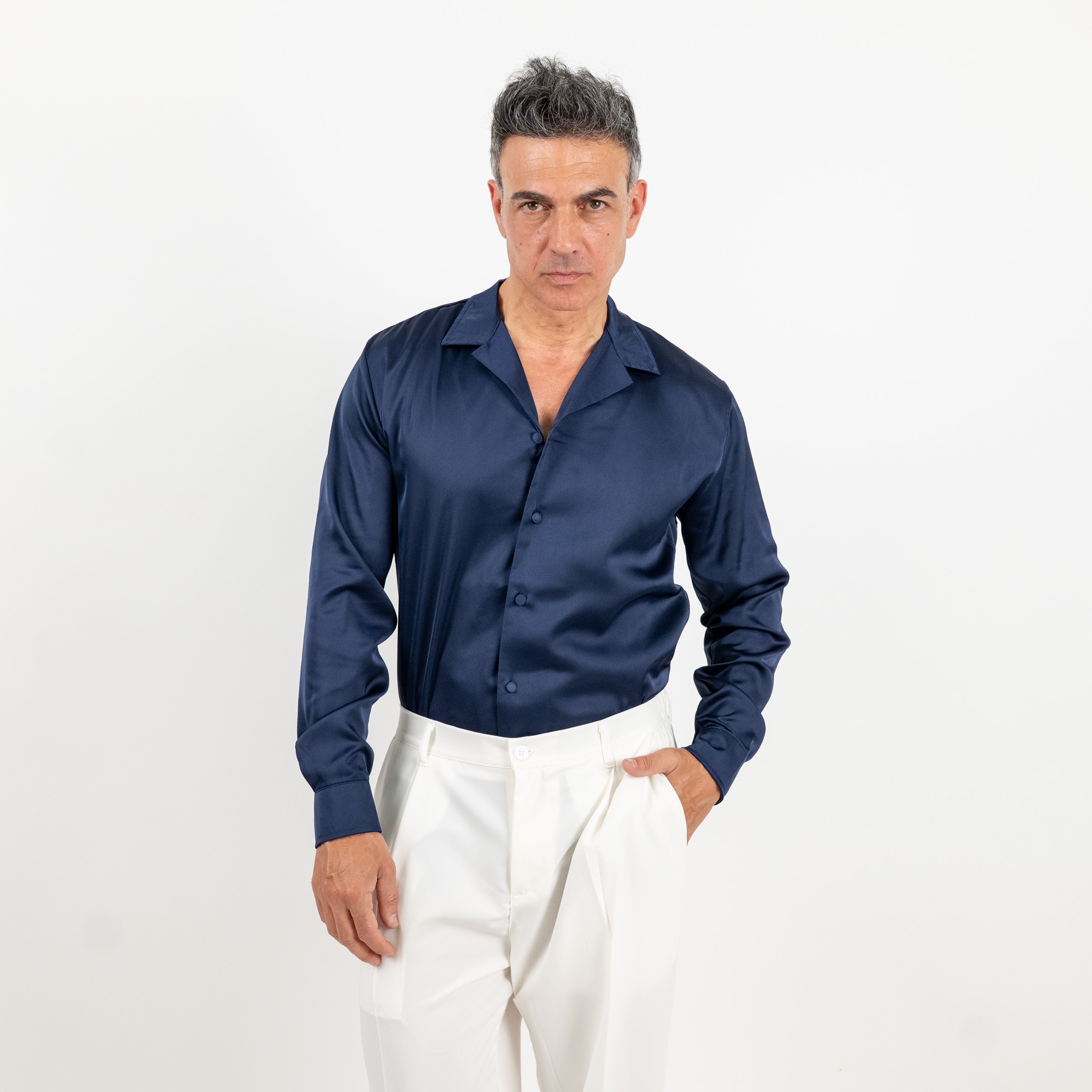 Camicia satin effetto raso con bottoni ricoperti - Blu