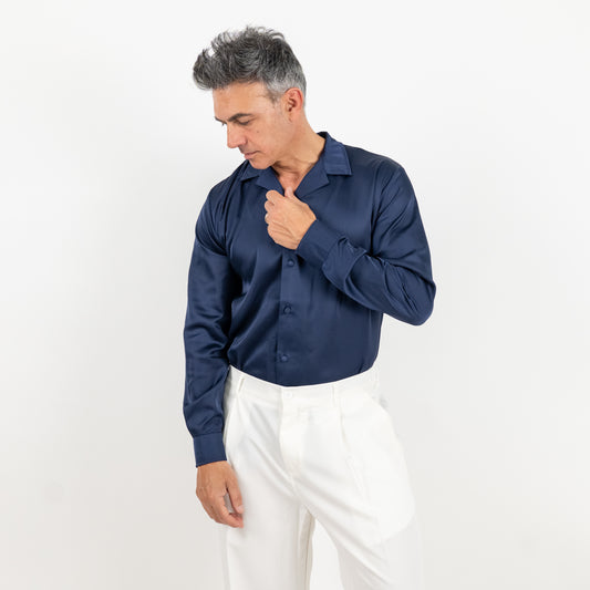 Camicia satin effetto raso con bottoni ricoperti - Blu