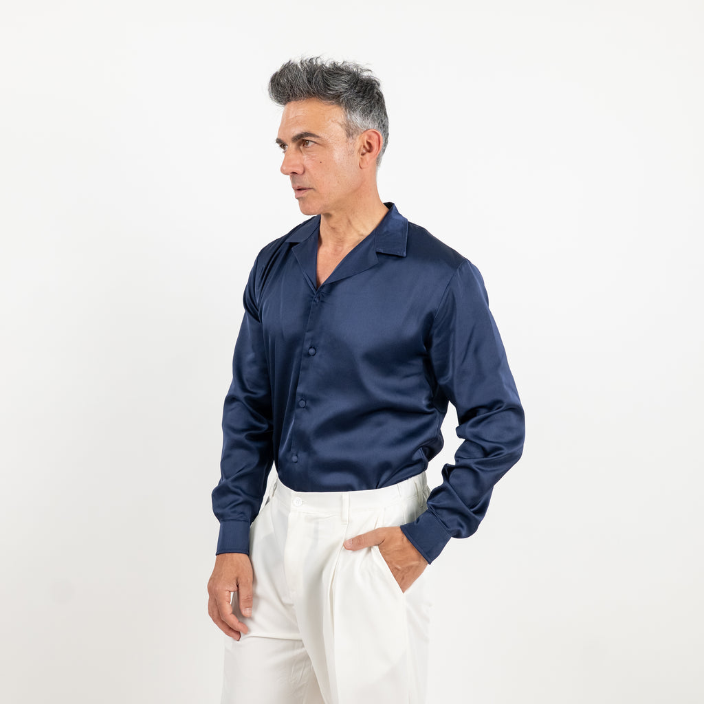 Camicia satin effetto raso con bottoni ricoperti - Blu