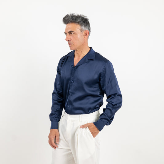 Camicia satin effetto raso con bottoni ricoperti - Blu