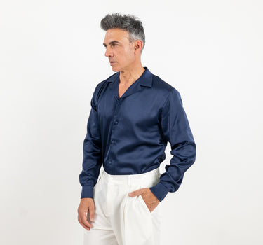 Camicia satin effetto raso con bottoni ricoperti - Blu