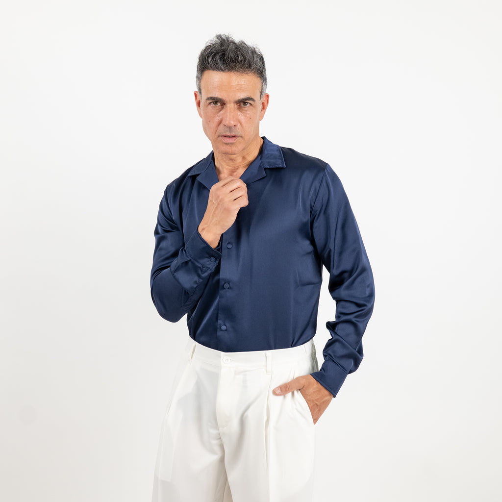 Camicia satin effetto raso con bottoni ricoperti - Blu