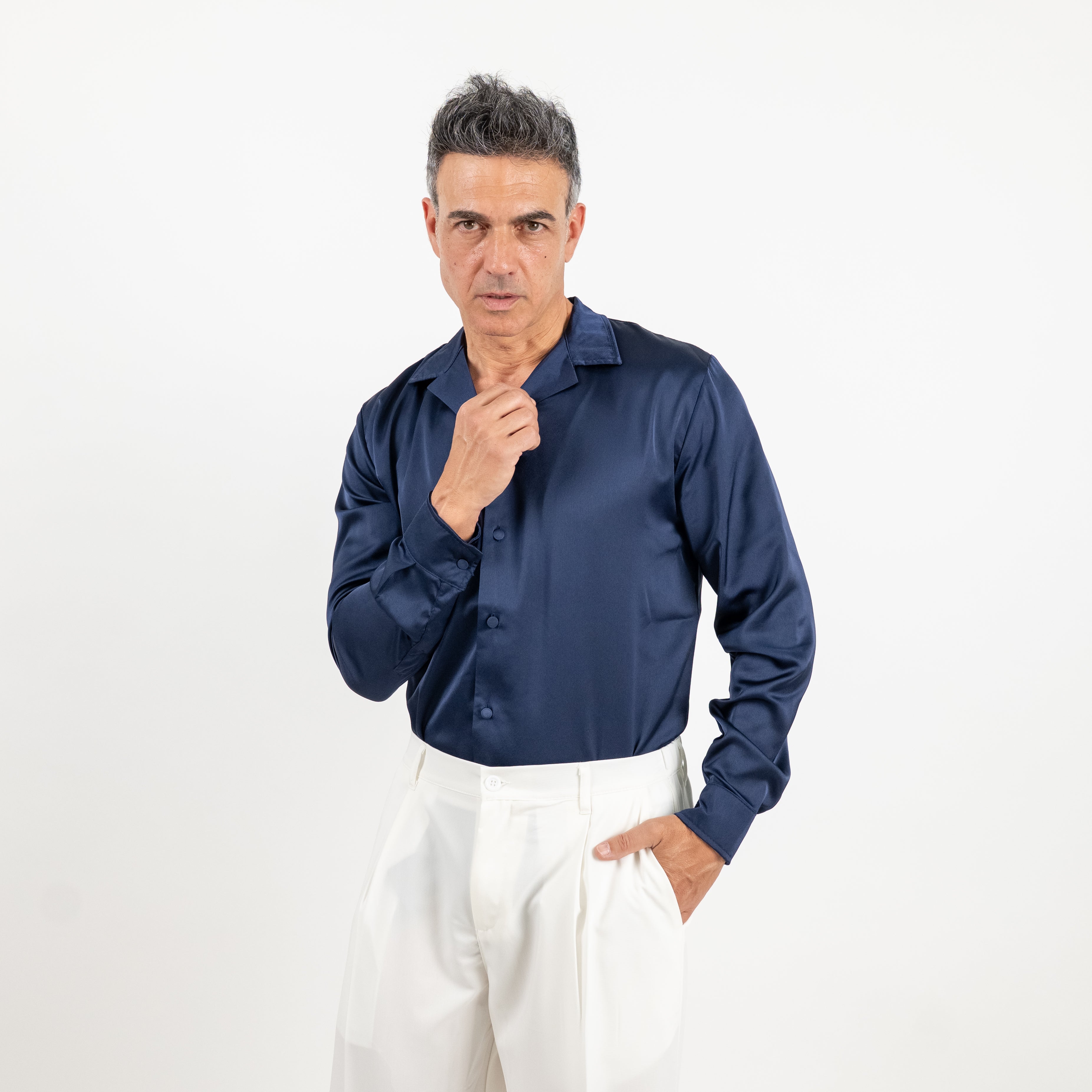 Camicia satin effetto raso con bottoni ricoperti - Blu