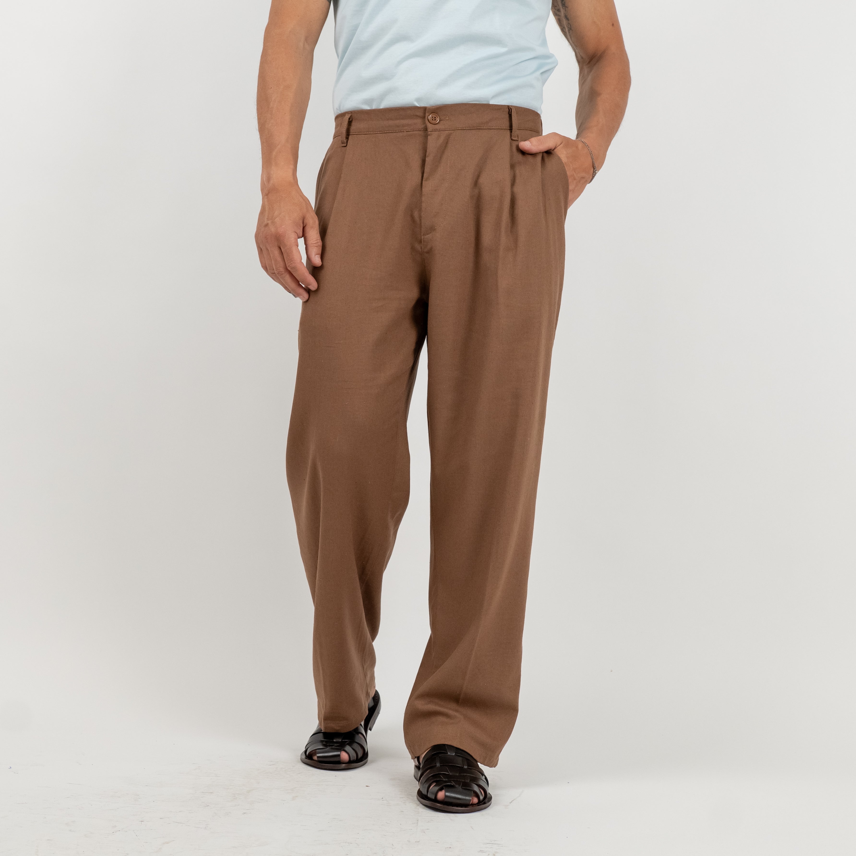 Pantalone palazzo con molla sul retro in misto lino - Moro