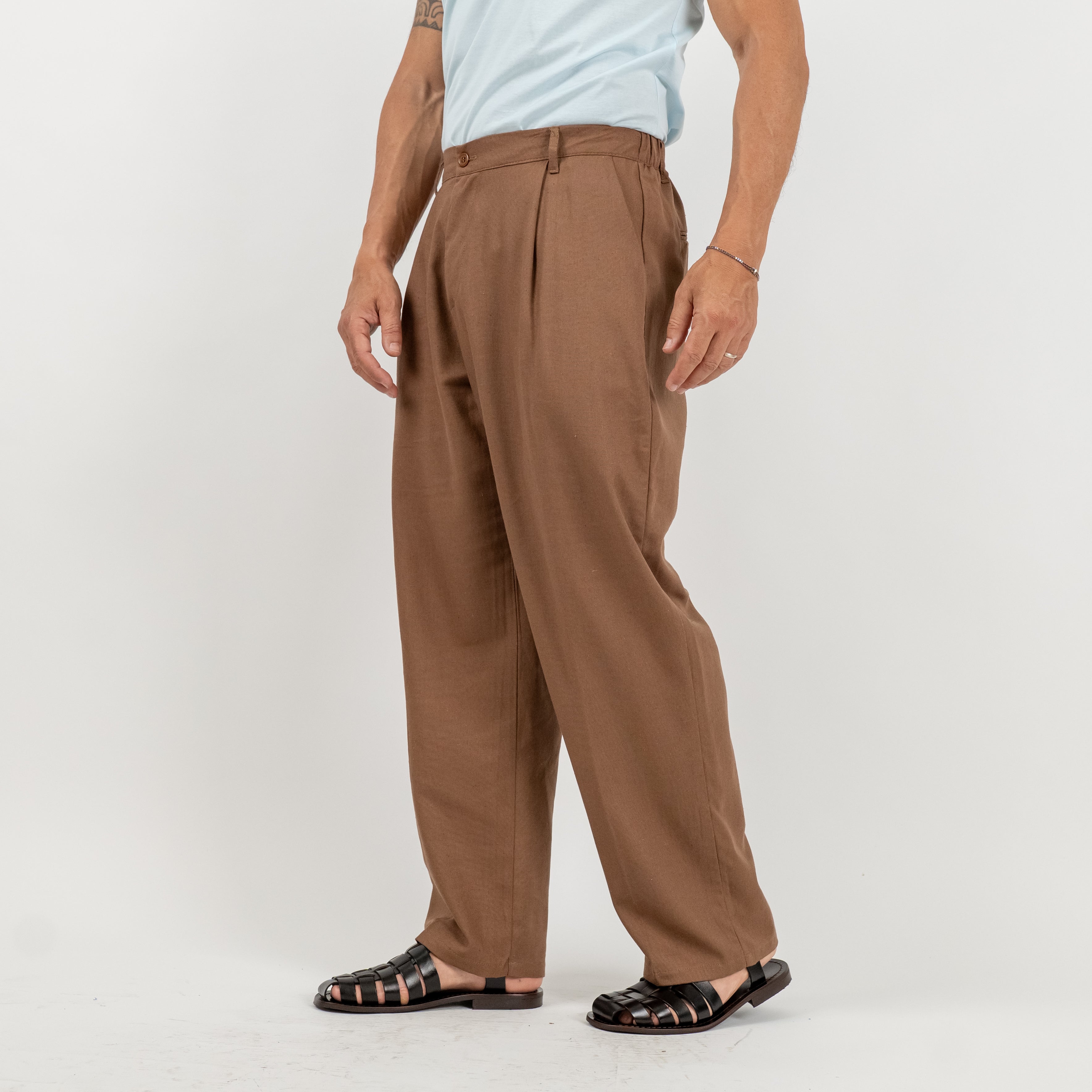 Pantalone palazzo con molla sul retro in misto lino - Moro