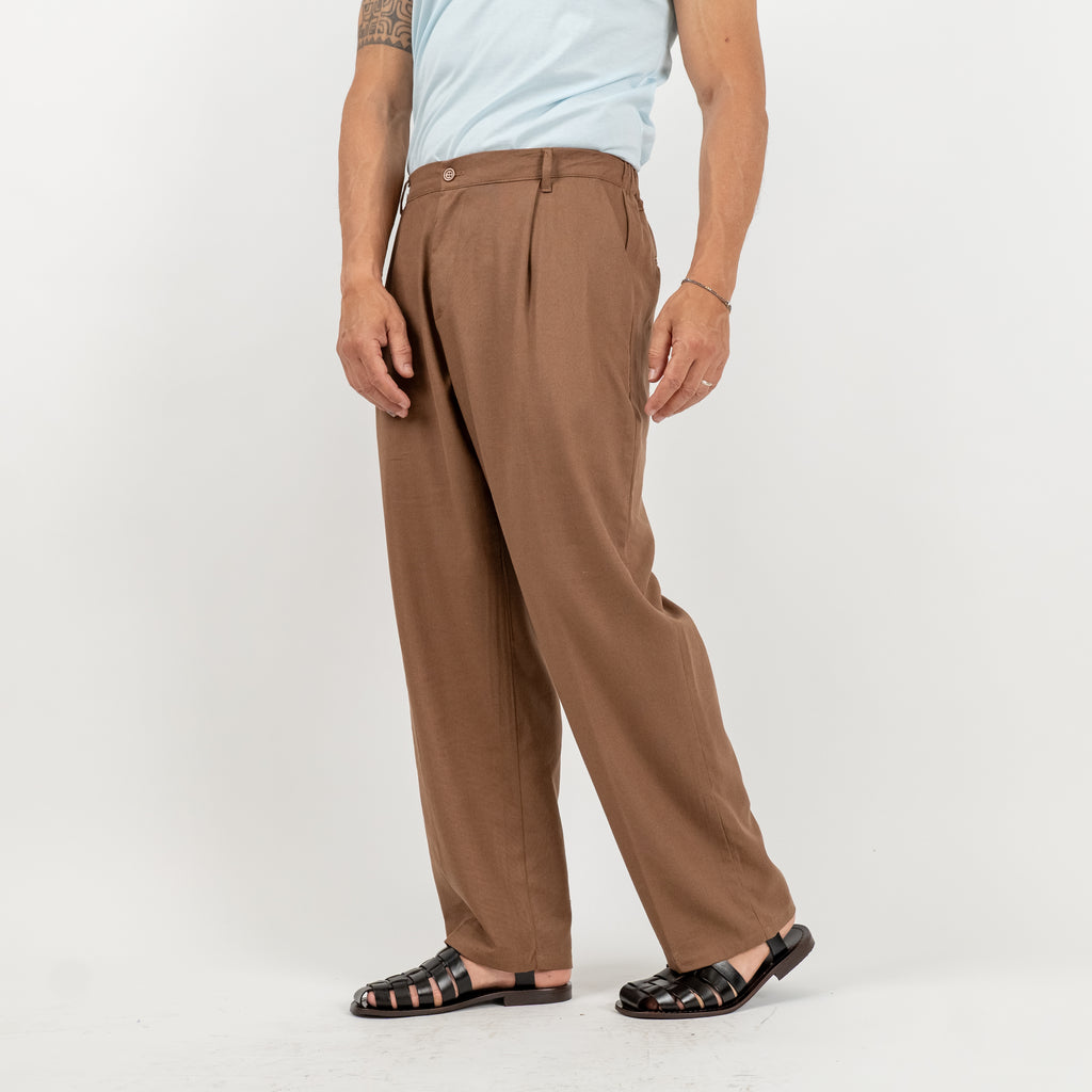 Pantalone palazzo con molla sul retro in misto lino - Moro