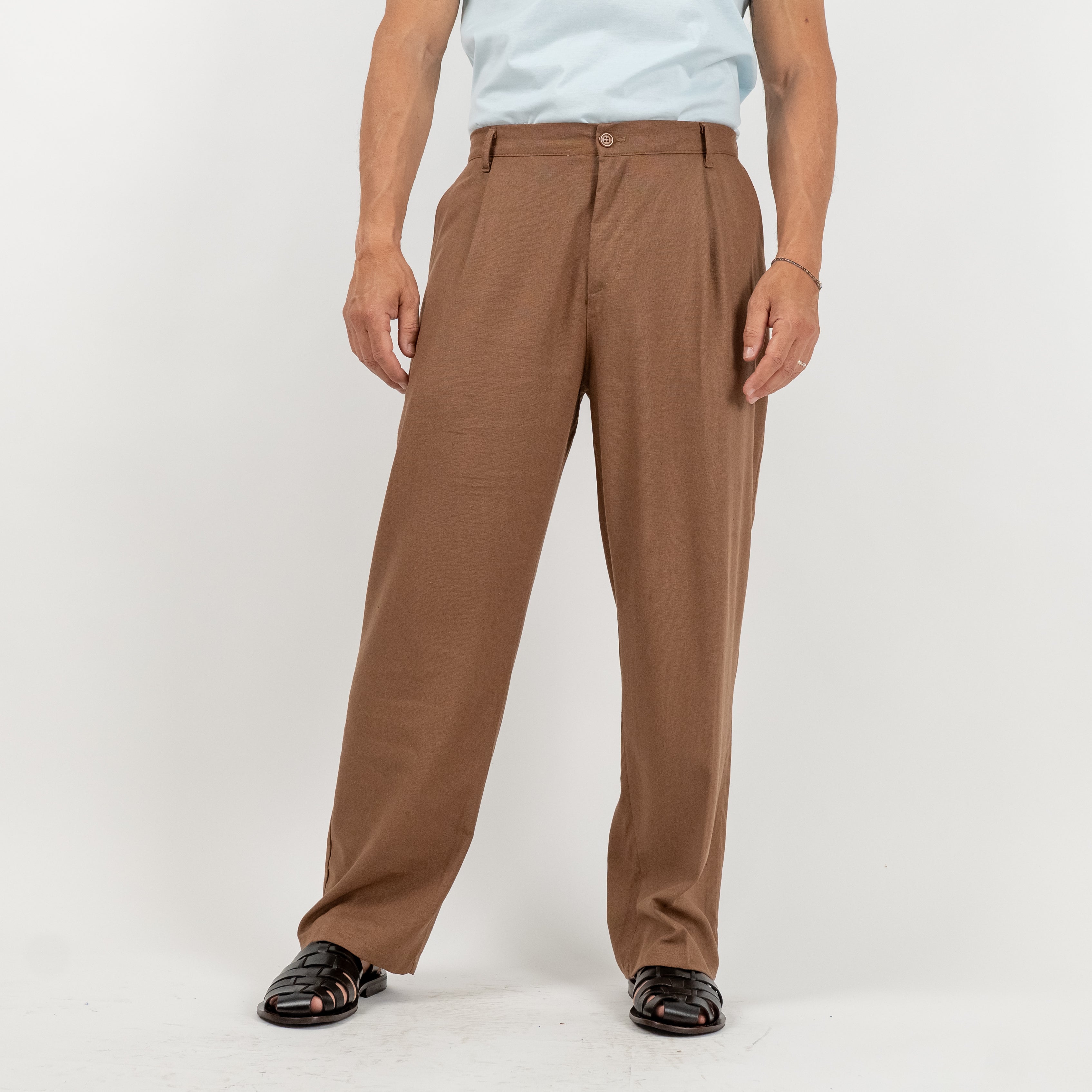 Pantalone palazzo con molla sul retro in misto lino - Moro