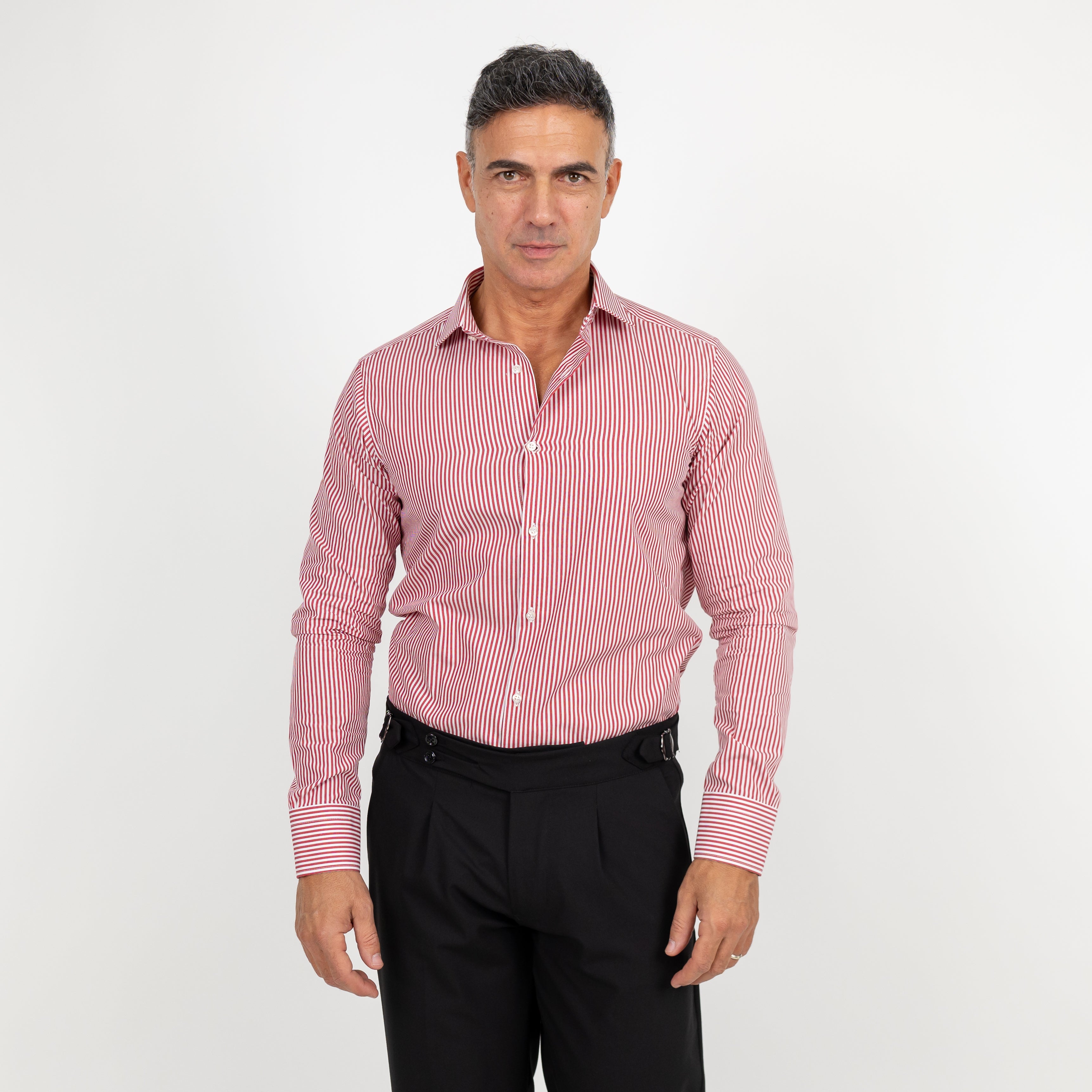 Camicia slim fit a righe strette - Rosso