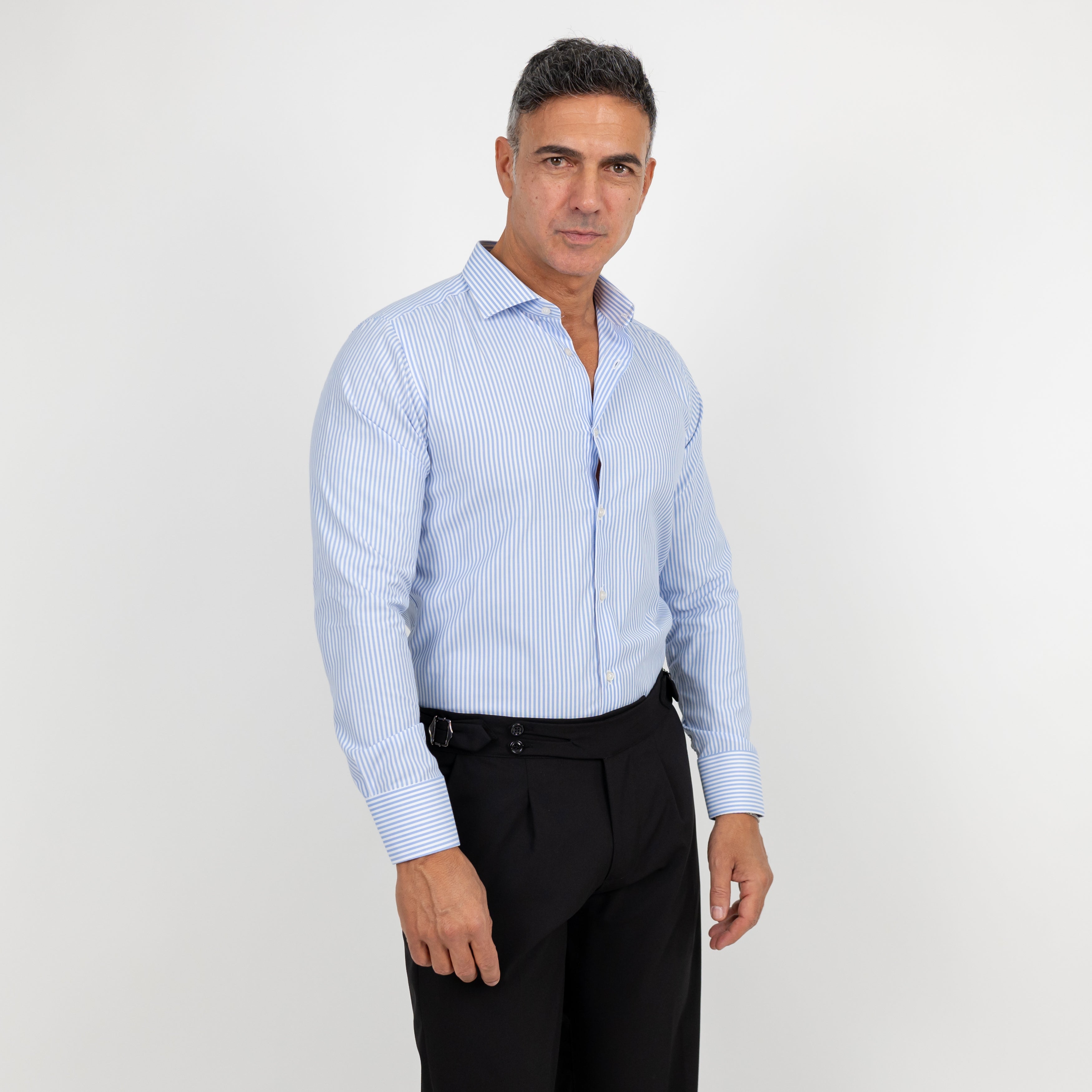 Camicia slim fit a righe strette - Celeste