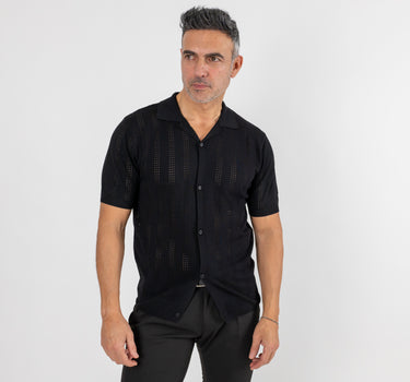 Perforated thread polo shirt with buttons - Black
