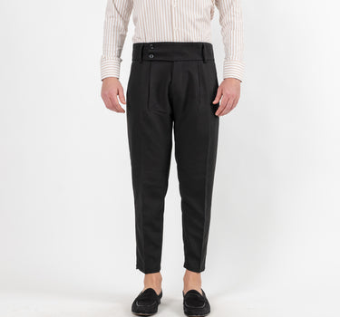 Trousers with High Waist Band and Double Button - Black 