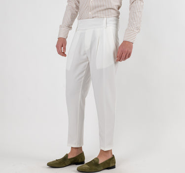 Trousers with High Waist Band and Double Button - White 