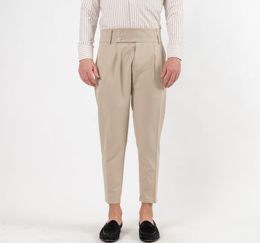 Trousers with High Waist Band and Double Button - Beige 