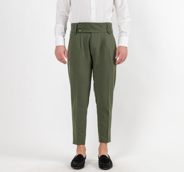 Trousers with High Waist Band and Double Button - Military Green 