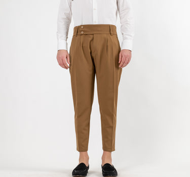 Trousers with High Waist Band and Double Button - Camel 