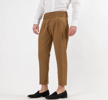Trousers with High Waist Band and Double Button - Camel 