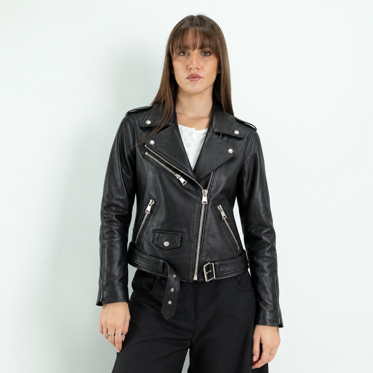 Chaqueta estilo motera para mujer en piel auténtica - Negro