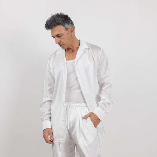 Camicia satin effetto raso con bottoni ricoperti - Bianco