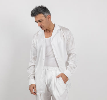 Camicia satin effetto raso con bottoni ricoperti - Bianco