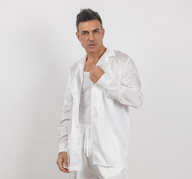 Camicia satin effetto raso con bottoni ricoperti - Bianco