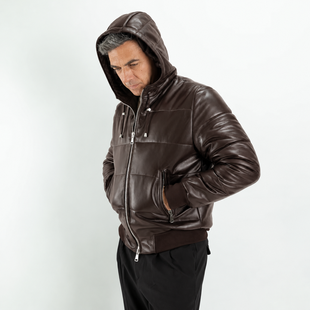 Gesteppte Echtlederjacke mit Kapuze - Dunkelbraun