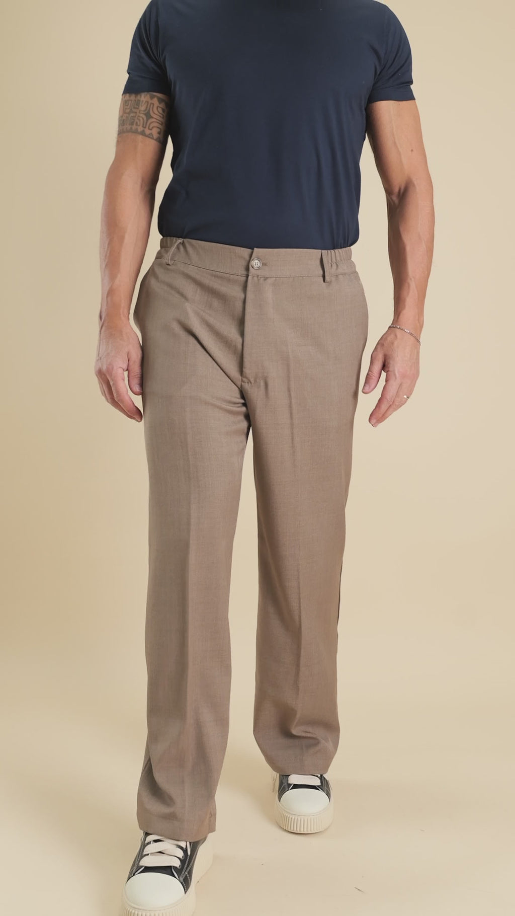 Pantalone palazzo taglio dritto con molla sul retro - Fango