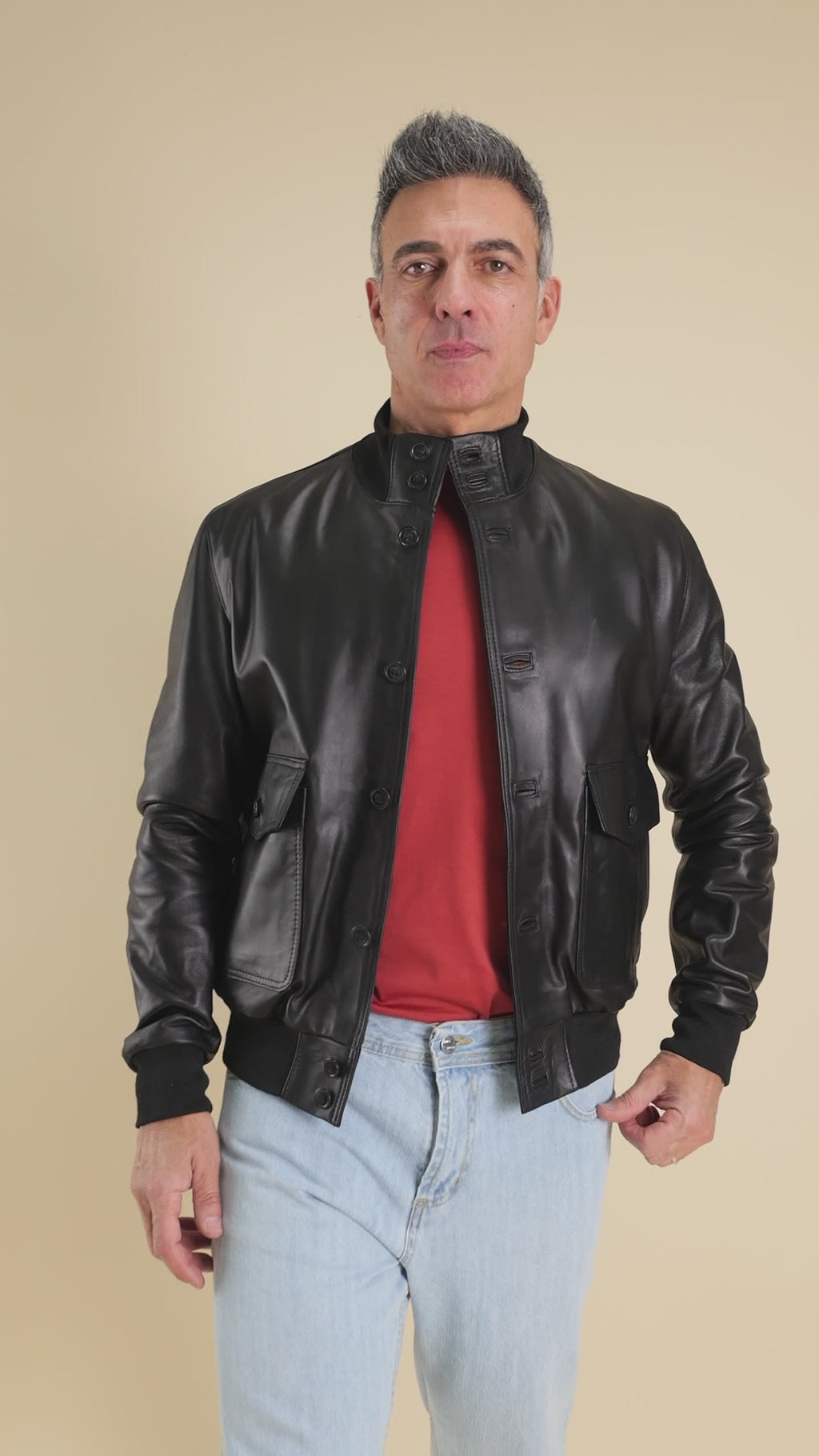 Genuine Leather Button Bomber Jacket - Black
