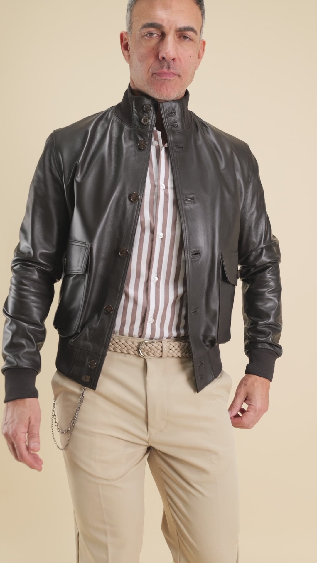 Bomber con bottoni in Vera Pelle - Testa di Moro