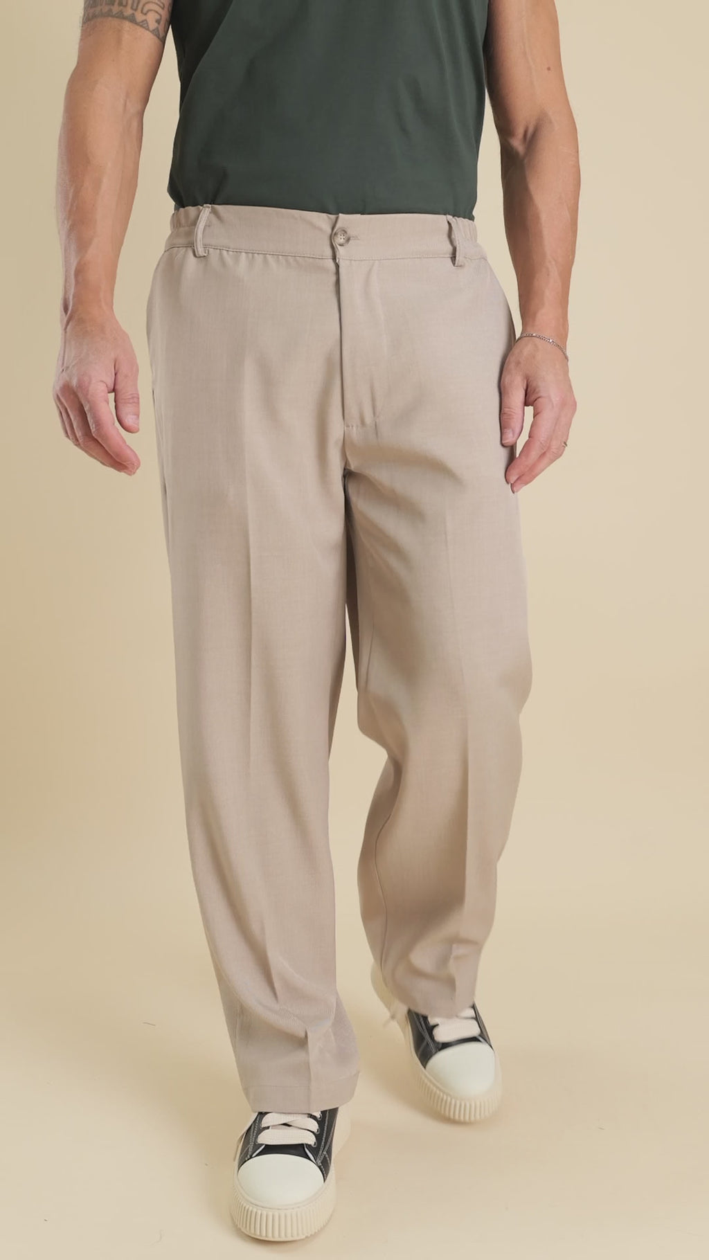 Pantalone palazzo taglio dritto con molla sul retro - Beige